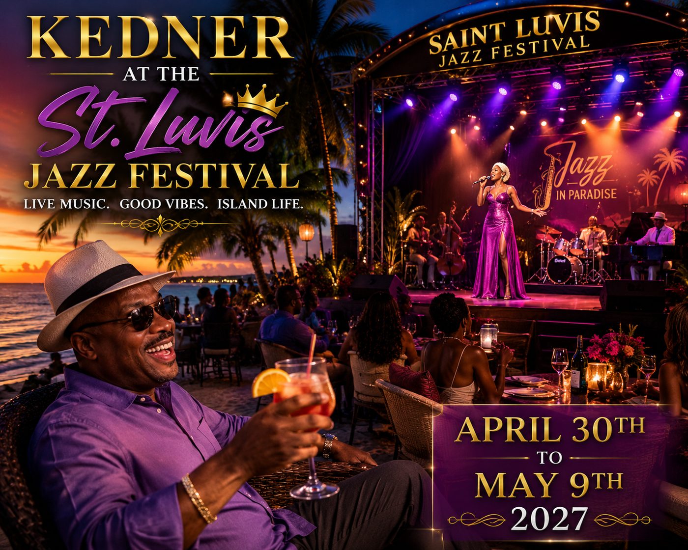 Promotional art of Kedner relaxing at the Saint Luvis Jazz Festival with a live stage performance behind him, April 30 – May 9, 2027.